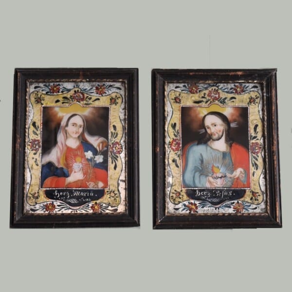 Paar Hinterglasbilder „Herz Jesu & Herz Maria“