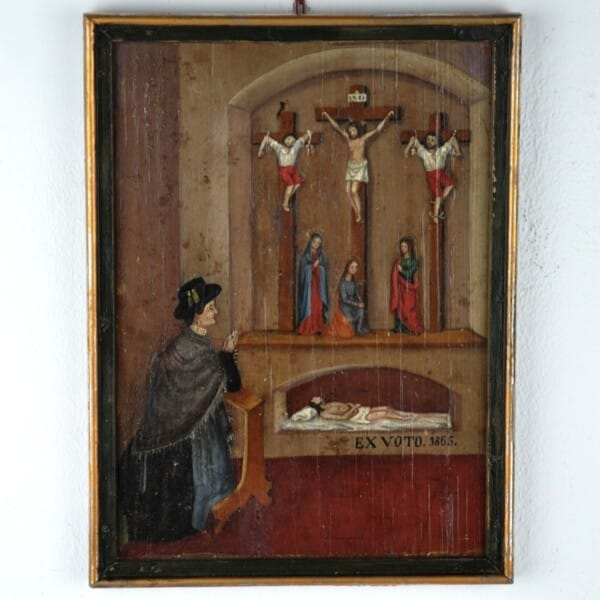 ex voto votivbild auf holz gemalt kalvarienverg heiliges grab votantin heiligenbild